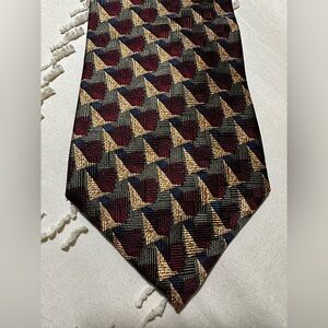 Vintage 90s Ferrell Reed Geometric Silk Necktie Burgundy Gold Abstract Wide Tie
